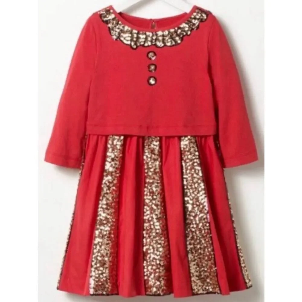 Mini Boden Red Gold Sequin Accents Fancy Dress Sz 7-8